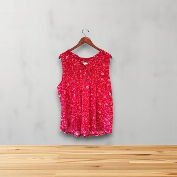 NWT Charter Club Red Leaf Print Sleeveless Blouse XL Lightweight Button Front - Picture 1 of 14